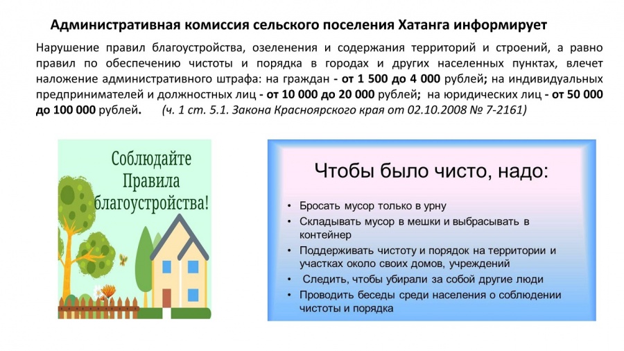 Административная комиссия сельского поселения Хатанга информирует "О соблюдении правил благоустройства"